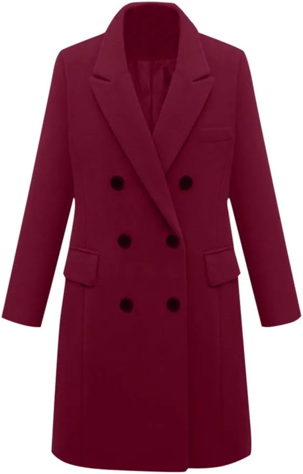 Wool Coats for Women Double Breasted Notch Lapel Peacoat Oversized Long Overcoat 2024 Winter Outerwear with Pockets