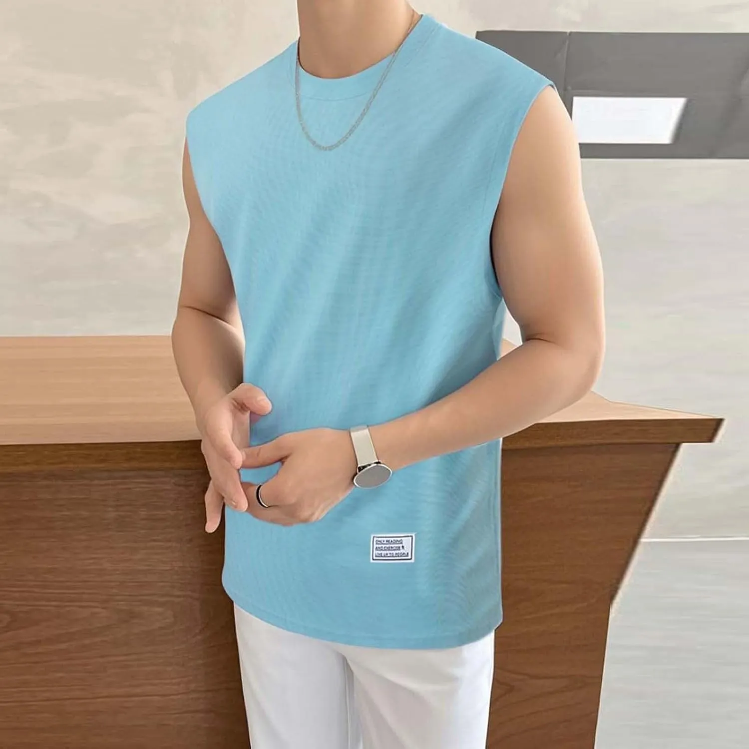 Workout Tank Tops for Men Sleeveless Round Neck Loose Comfy Training Shirts Casual Solid Flowy Hem Athletic Tops
