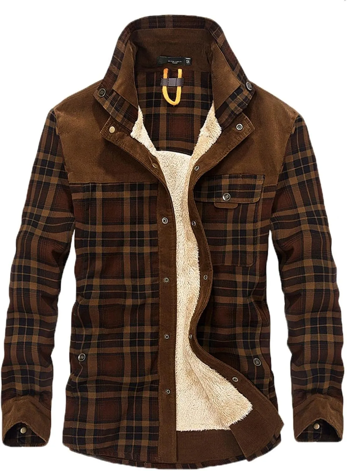 WUAI-Men Winter Warm Sherpa Fleece Lined Shirt Jackets Thicken Button Down Thermal Buffalo Plaid Flannel Shacket Outwear