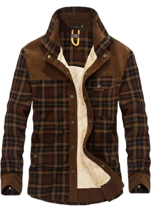 WUAI-Men Winter Warm Sherpa Fleece Lined Shirt Jackets Thicken Button Down Thermal Buffalo Plaid Flannel Shacket Outwear