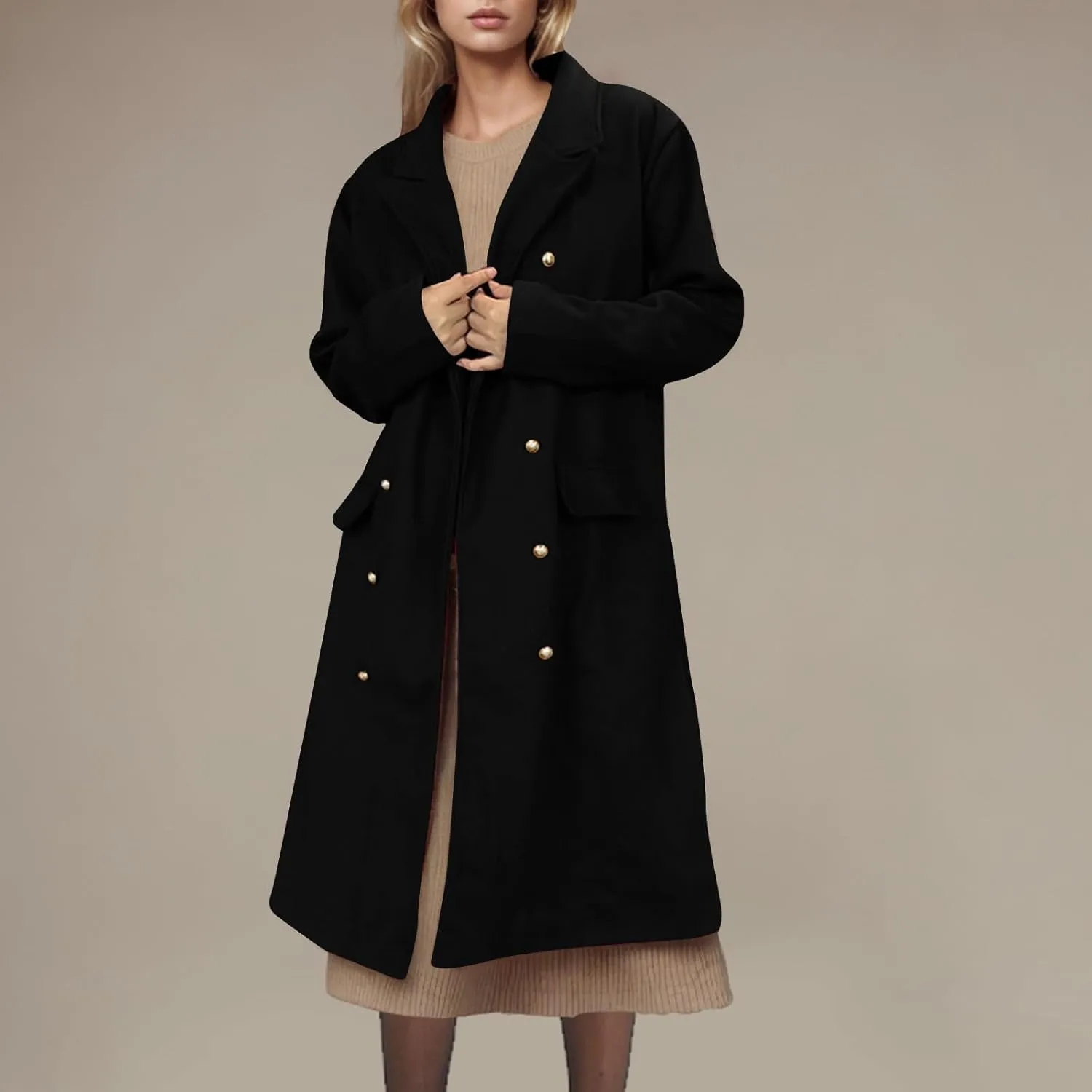 YRAETENM Pea Coats for Women Winter Double Breasted Midi Long Wool Blend Jackets Oversized Notch Lapel Trench Coat Overcoat