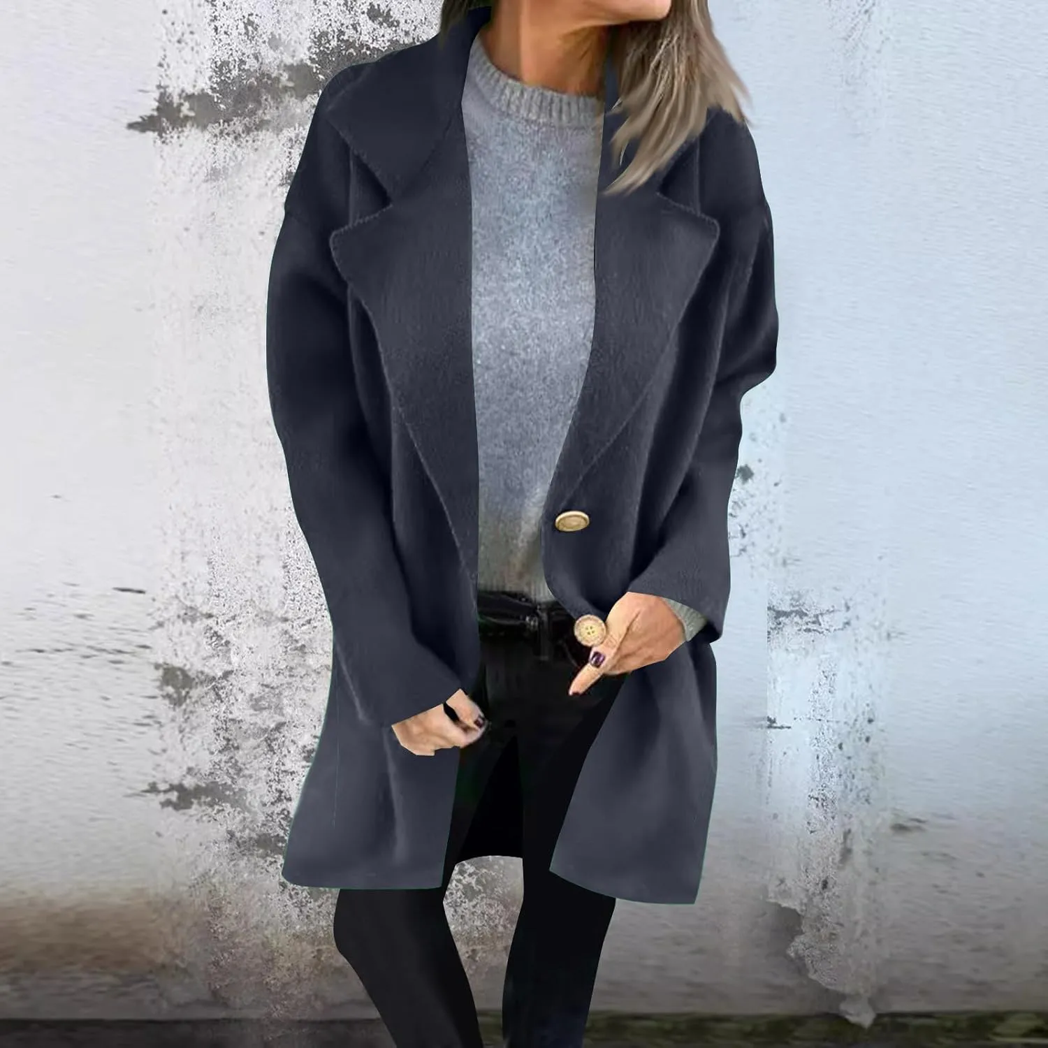 YRAETENM Womens Casual Jackets Single Breasted Notched Lapel Collar Wool Blend Overcoat Lightweight Solid Color Trench Coats