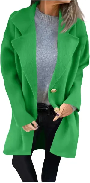 YRAETENM Womens Casual Jackets Single Breasted Notched Lapel Collar Wool Blend Overcoat Lightweight Solid Color Trench Coats