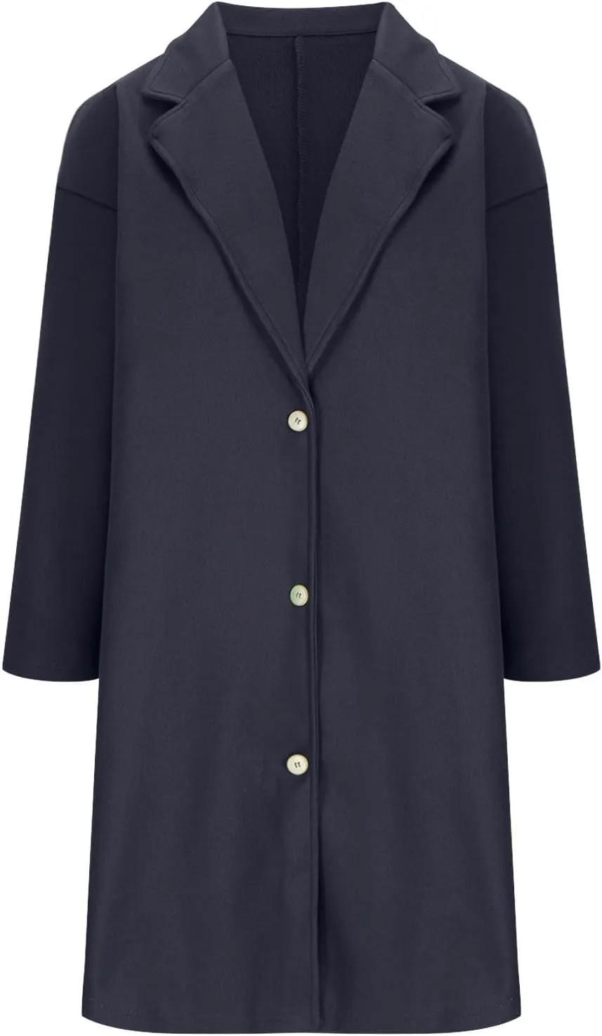 YRAETENM Womens Casual Jackets Single Breasted Notched Lapel Collar Wool Blend Overcoat Lightweight Solid Color Trench Coats