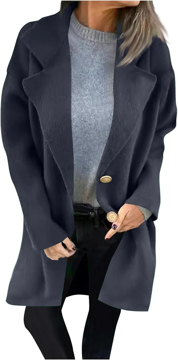 YRAETENM Womens Casual Jackets Single Breasted Notched Lapel Collar Wool Blend Overcoat Lightweight Solid Color Trench Coats