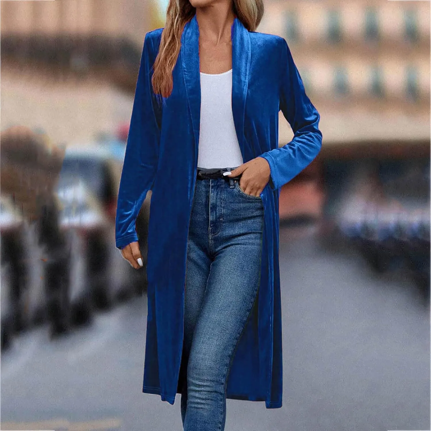 YRAETENM Women's Long Velvet Cardigan Jacket Fall Dressy Open Front Velour Lapel Coatigan Jackets Business Office Outwear