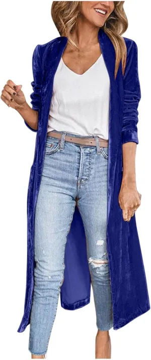 YRAETENM Women's Long Velvet Cardigan Jacket Fall Dressy Open Front Velour Lapel Coatigan Jackets Business Office Outwear