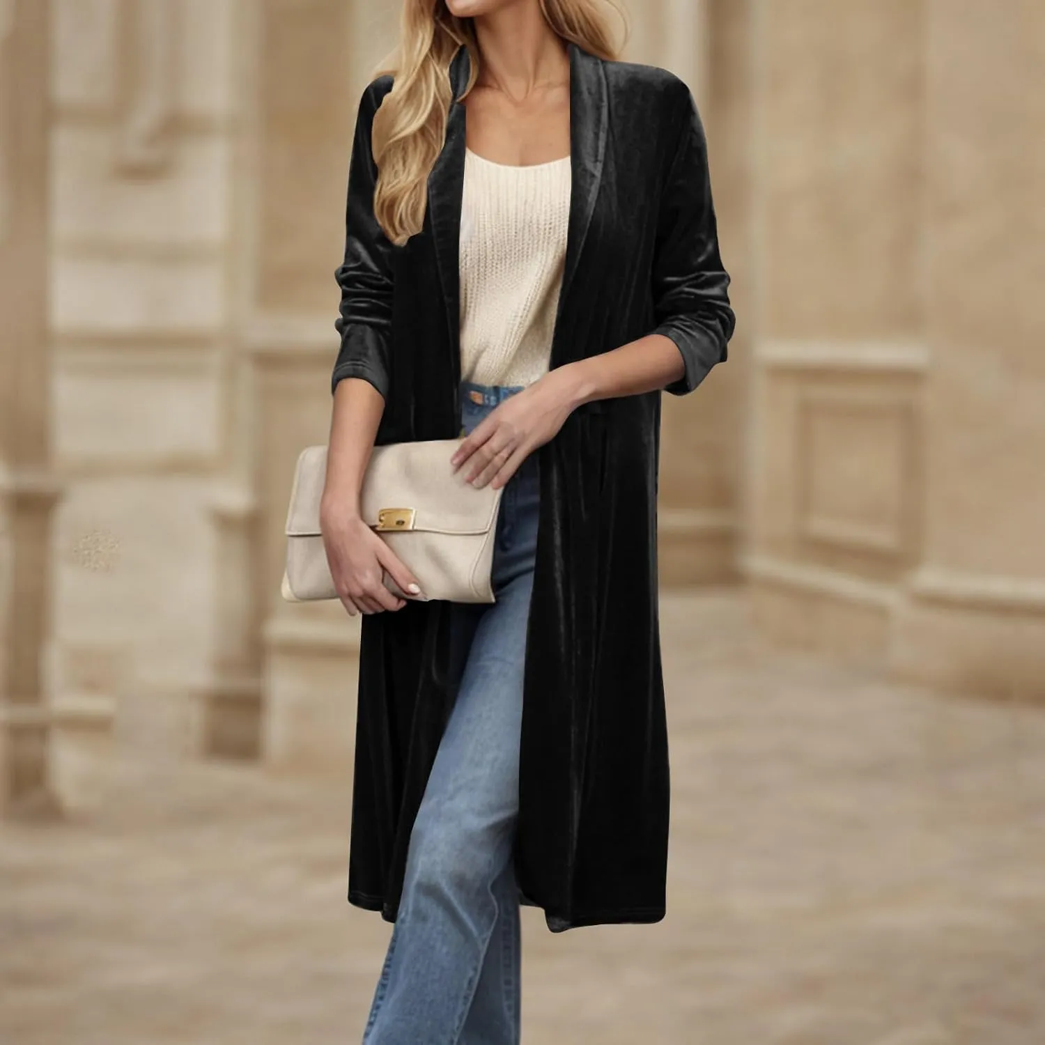 YRAETENM Women's Long Velvet Cardigan Jacket Fall Dressy Open Front Velour Lapel Coatigan Jackets Business Office Outwear