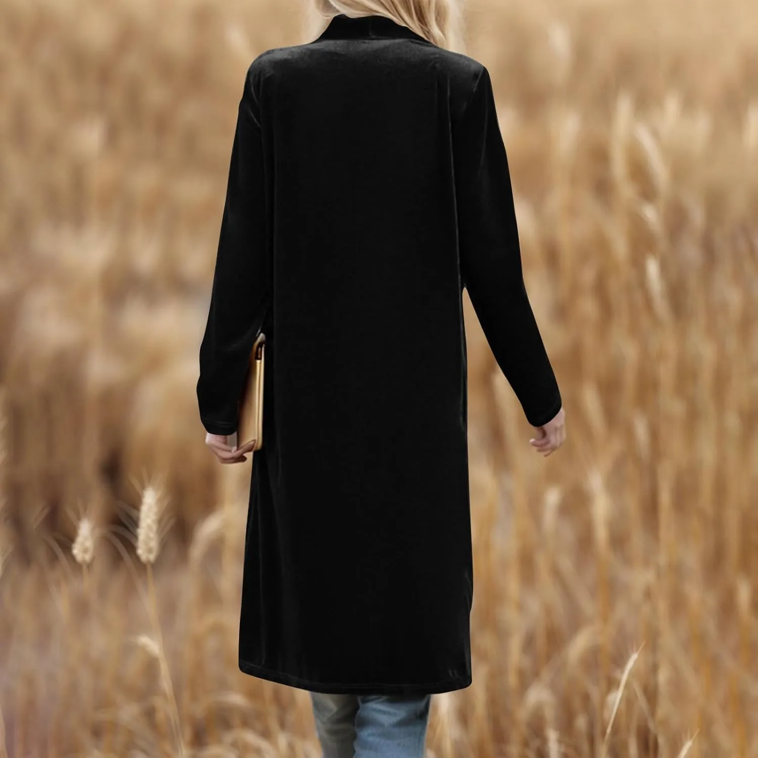 YRAETENM Women's Long Velvet Cardigan Jacket Fall Dressy Open Front Velour Lapel Coatigan Jackets Business Office Outwear