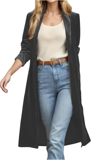 YRAETENM Women's Long Velvet Cardigan Jacket Fall Dressy Open Front Velour Lapel Coatigan Jackets Business Office Outwear