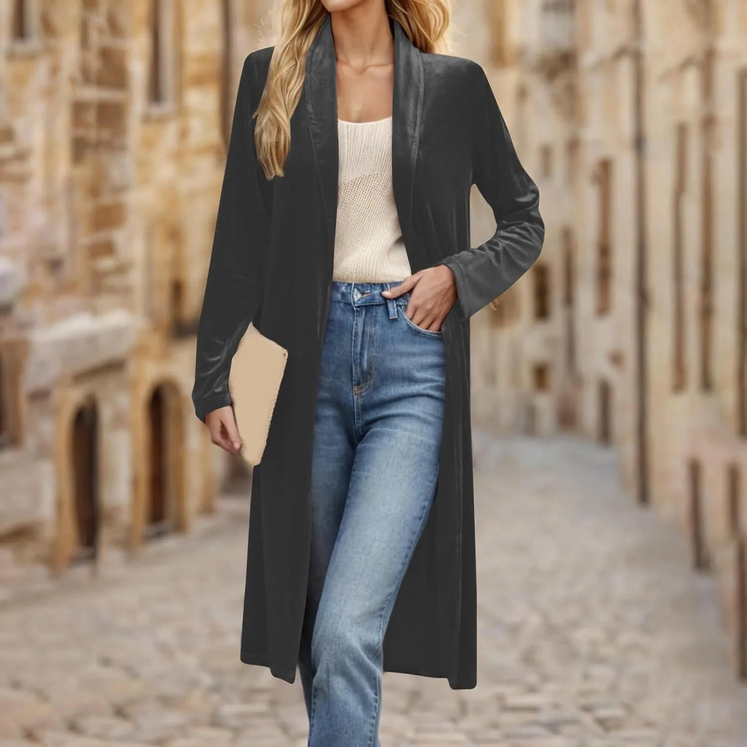 YRAETENM Women's Long Velvet Cardigan Jacket Fall Dressy Open Front Velour Lapel Coatigan Jackets Business Office Outwear