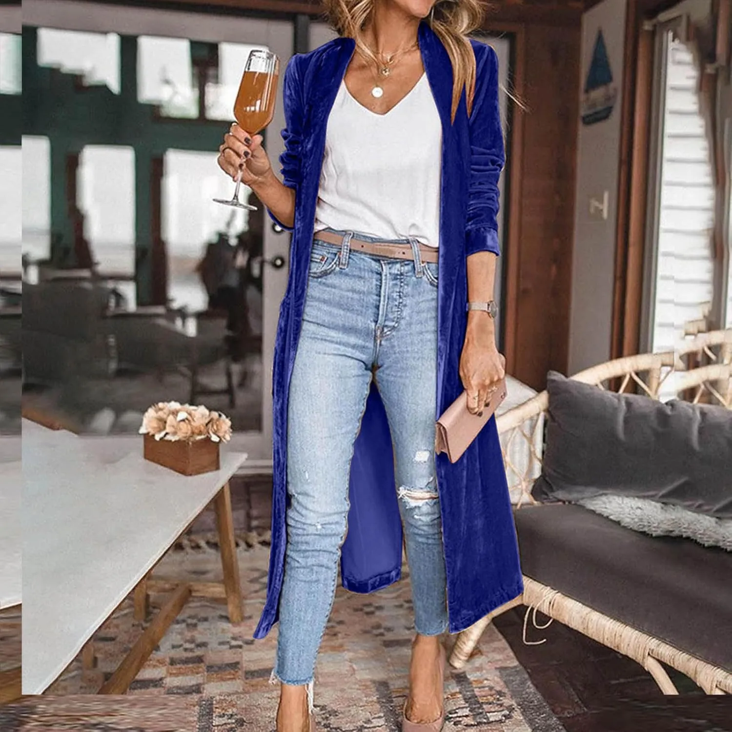 YRAETENM Women's Long Velvet Cardigan Jacket Fall Dressy Open Front Velour Lapel Coatigan Jackets Business Office Outwear