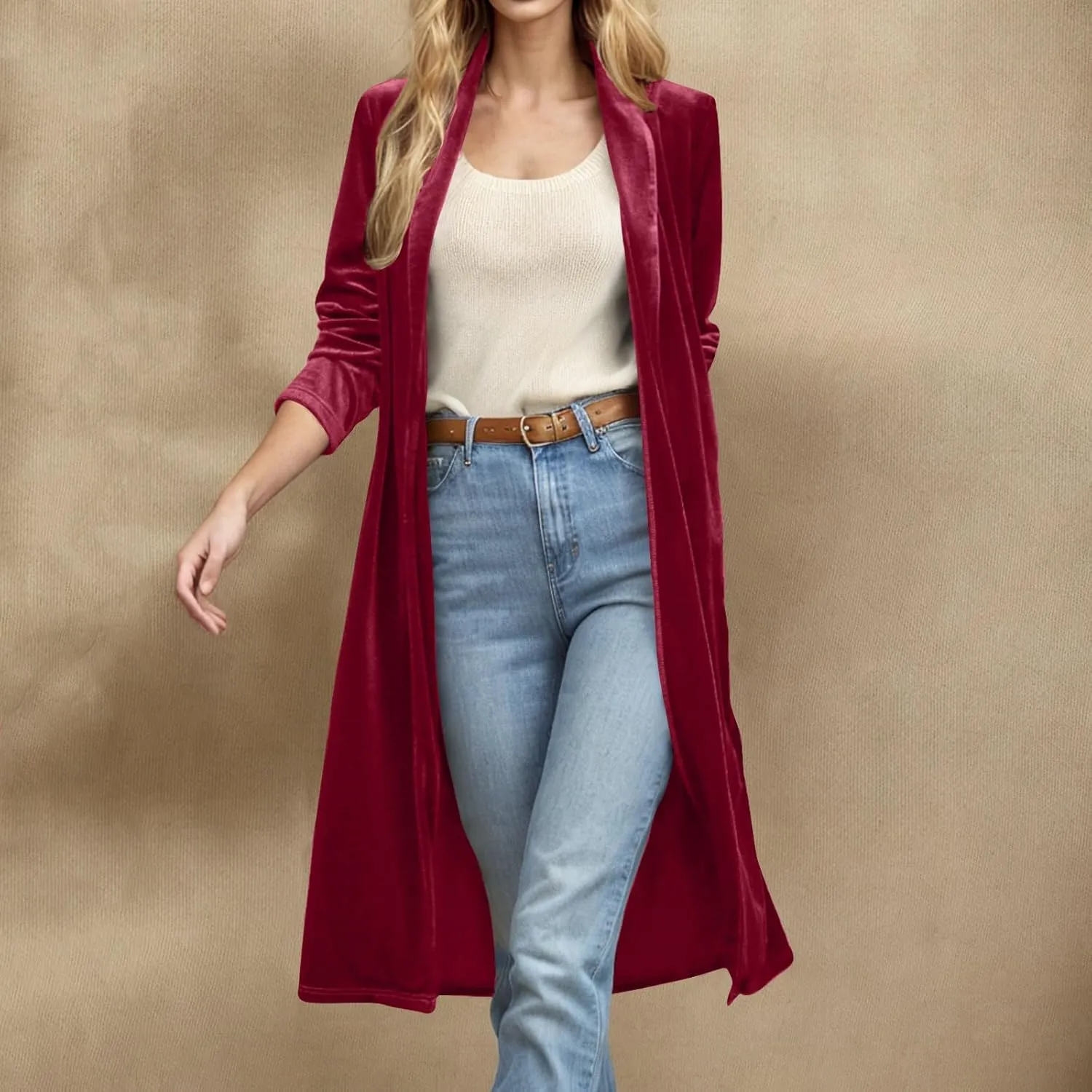 YRAETENM Women's Long Velvet Cardigan Jacket Fall Dressy Open Front Velour Lapel Coatigan Jackets Business Office Outwear
