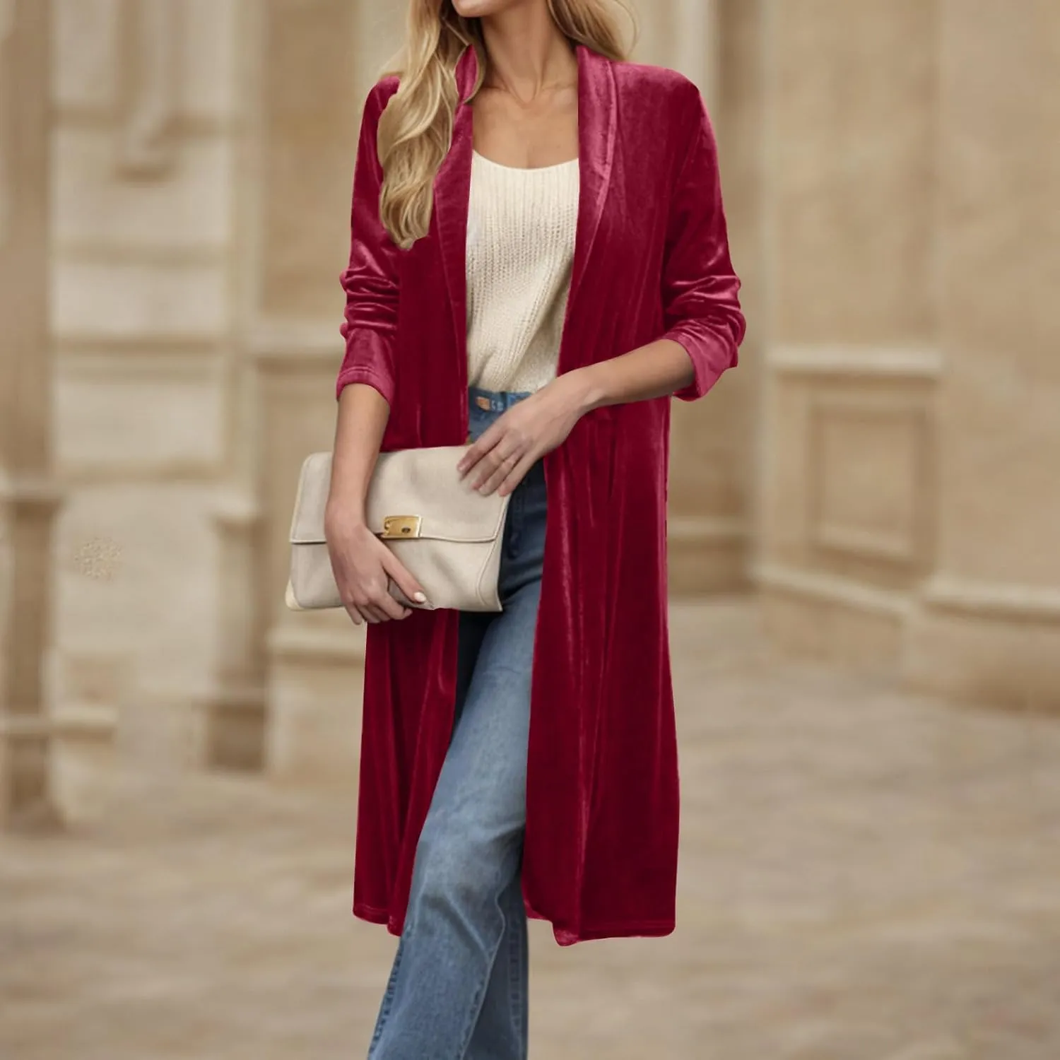 YRAETENM Women's Long Velvet Cardigan Jacket Fall Dressy Open Front Velour Lapel Coatigan Jackets Business Office Outwear