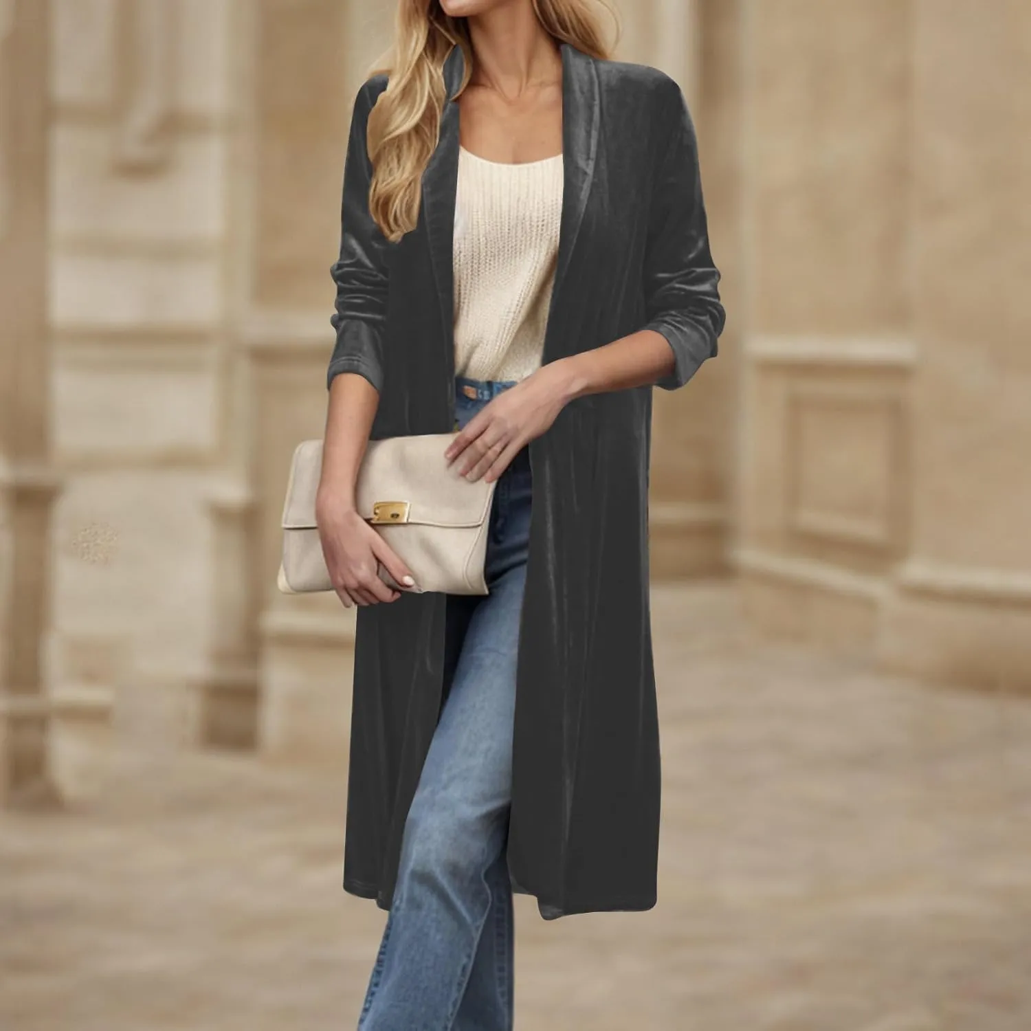 YRAETENM Women's Long Velvet Cardigan Jacket Fall Dressy Open Front Velour Lapel Coatigan Jackets Business Office Outwear