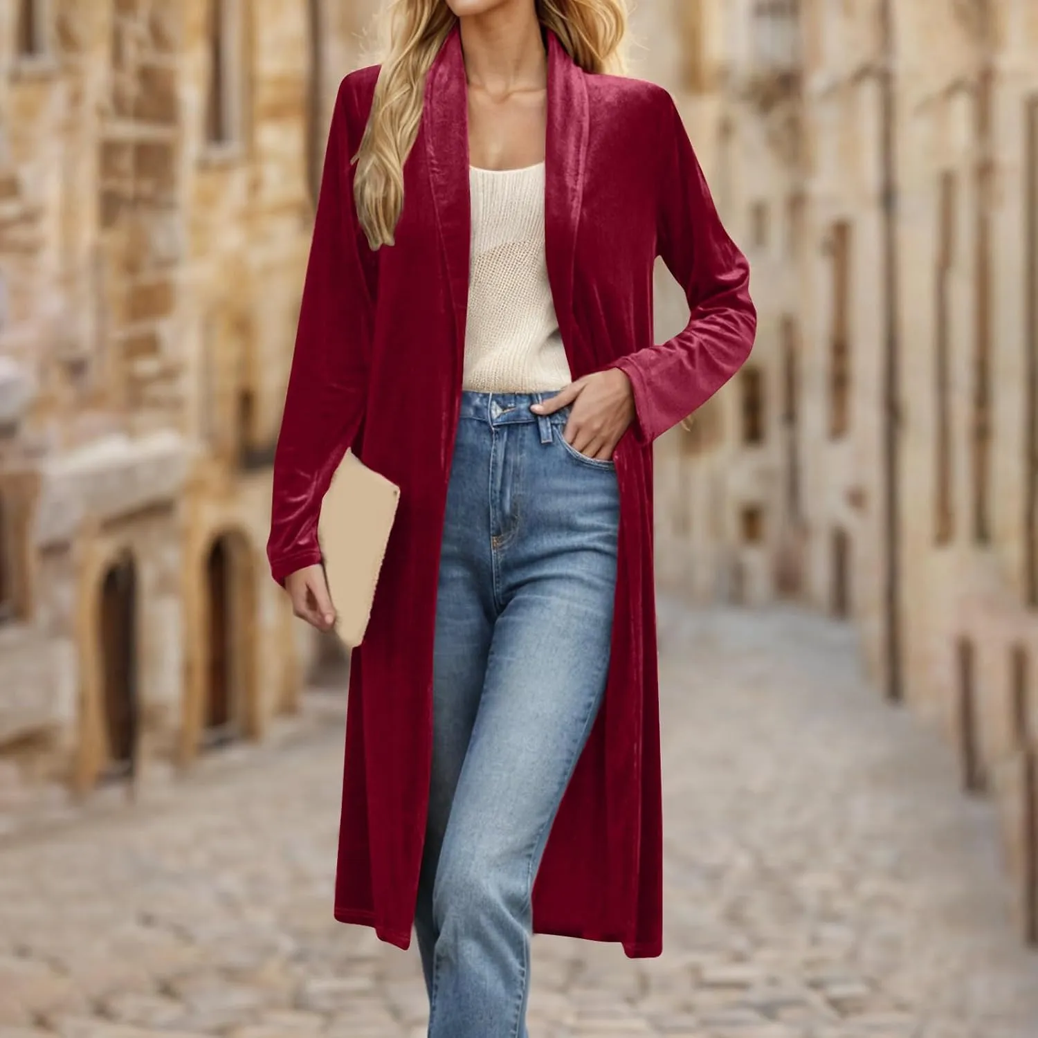 YRAETENM Women's Long Velvet Cardigan Jacket Fall Dressy Open Front Velour Lapel Coatigan Jackets Business Office Outwear