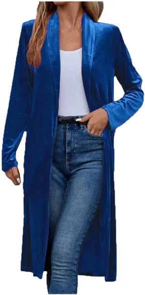 YRAETENM Women's Long Velvet Cardigan Jacket Fall Dressy Open Front Velour Lapel Coatigan Jackets Business Office Outwear