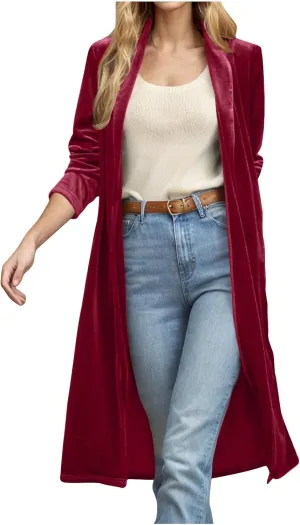 YRAETENM Women's Long Velvet Cardigan Jacket Fall Dressy Open Front Velour Lapel Coatigan Jackets Business Office Outwear