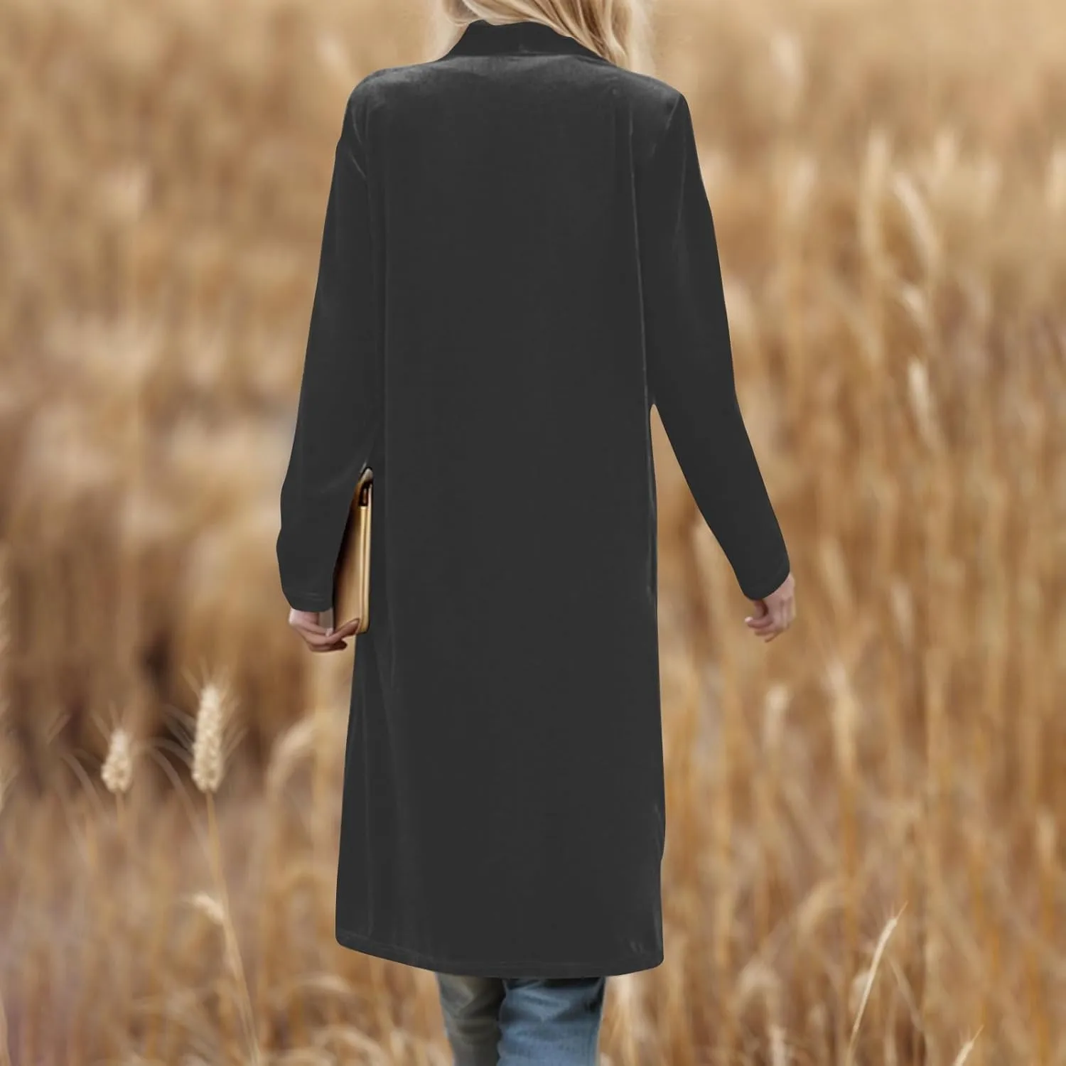 YRAETENM Women's Long Velvet Cardigan Jacket Fall Dressy Open Front Velour Lapel Coatigan Jackets Business Office Outwear