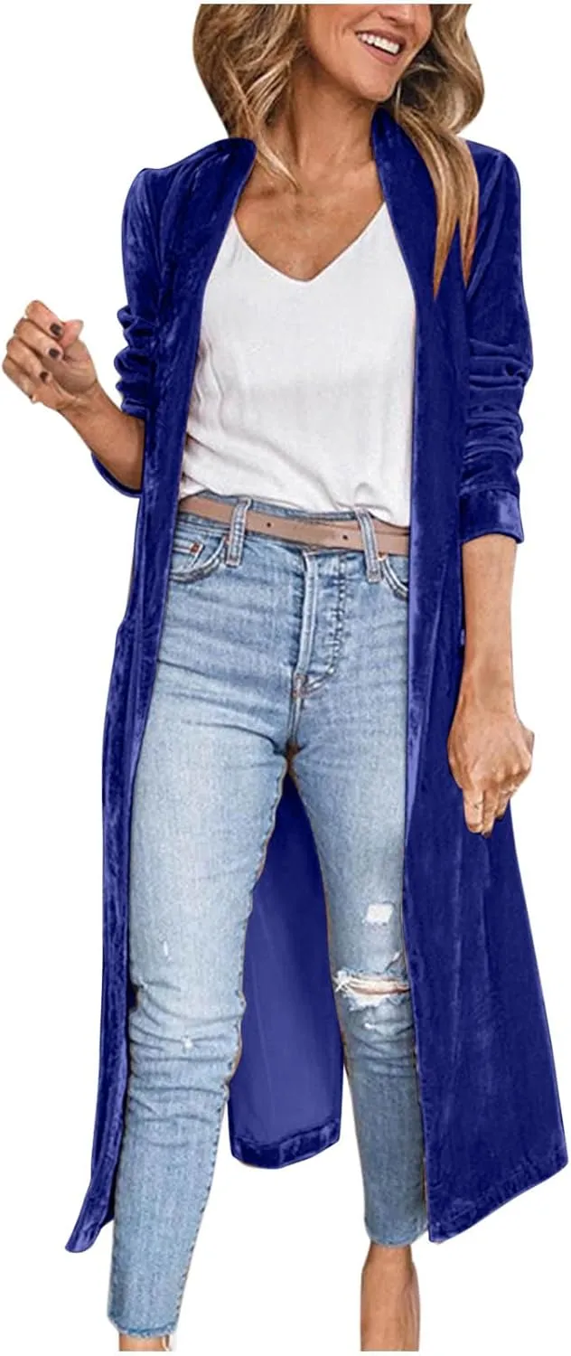 YRAETENM Women's Long Velvet Cardigan Jacket Fall Dressy Open Front Velour Lapel Coatigan Jackets Business Office Outwear