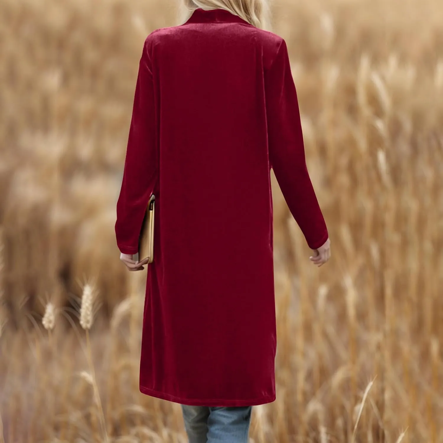 YRAETENM Women's Long Velvet Cardigan Jacket Fall Dressy Open Front Velour Lapel Coatigan Jackets Business Office Outwear