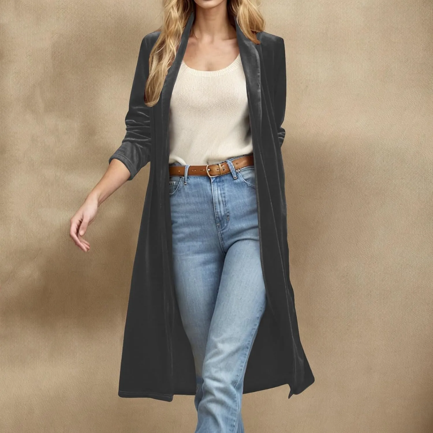 YRAETENM Women's Long Velvet Cardigan Jacket Fall Dressy Open Front Velour Lapel Coatigan Jackets Business Office Outwear