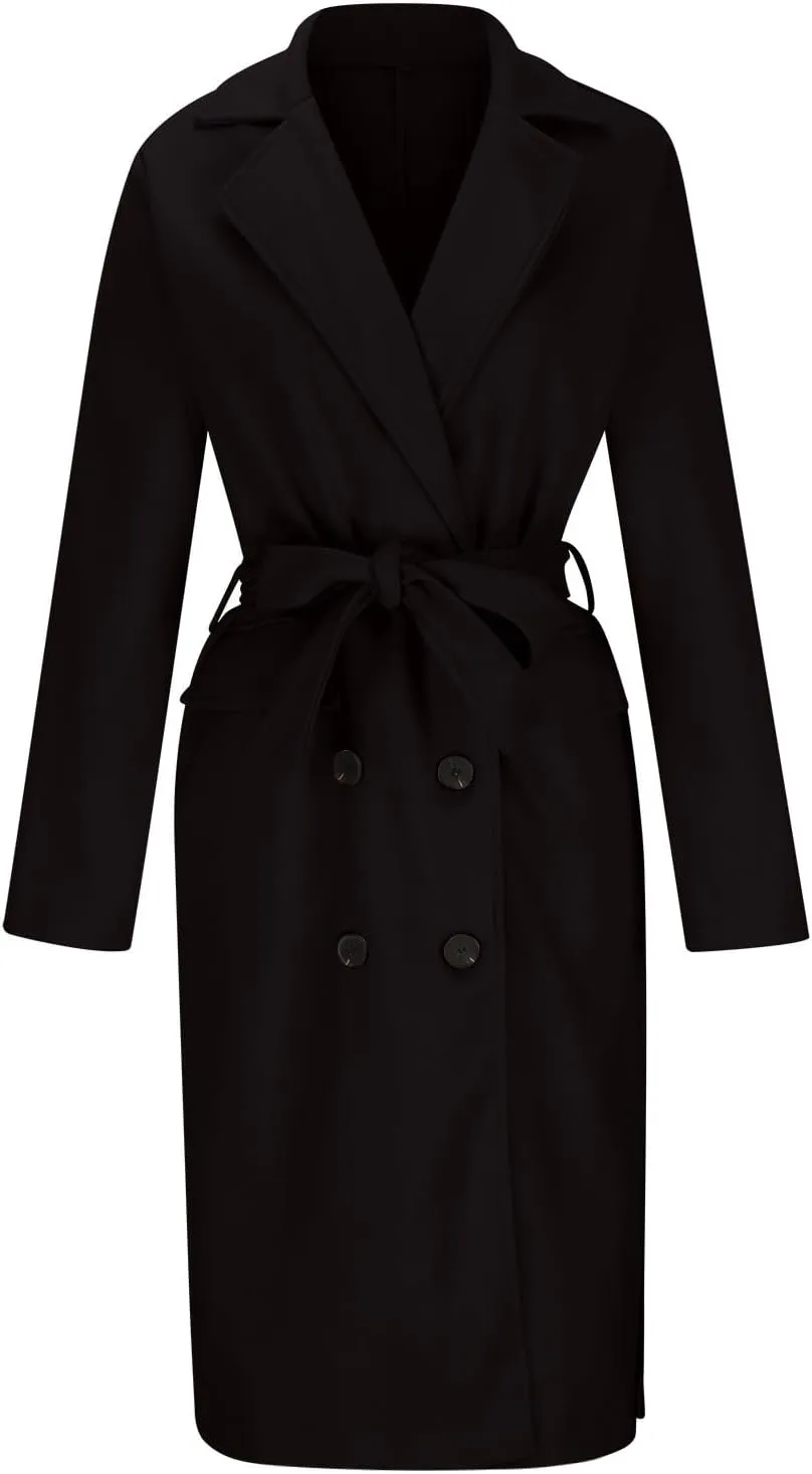 YRAETENM Womens Long Wool Pea Coats Winter Open Front Notched Collar Cardigan Casual Warm Woolen Blend Trench Coats with Belt