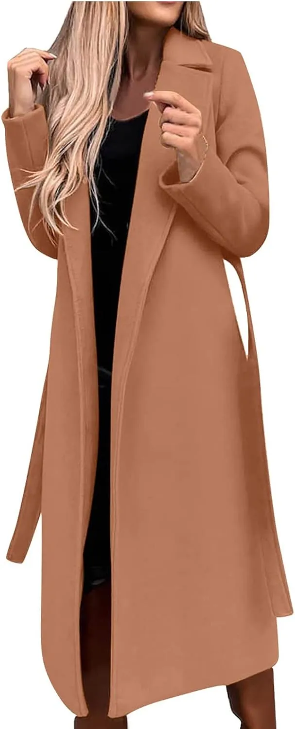 YRAETENM Womens Long Wool Pea Coats Winter Open Front Notched Collar Cardigan Casual Warm Woolen Blend Trench Coats with Belt
