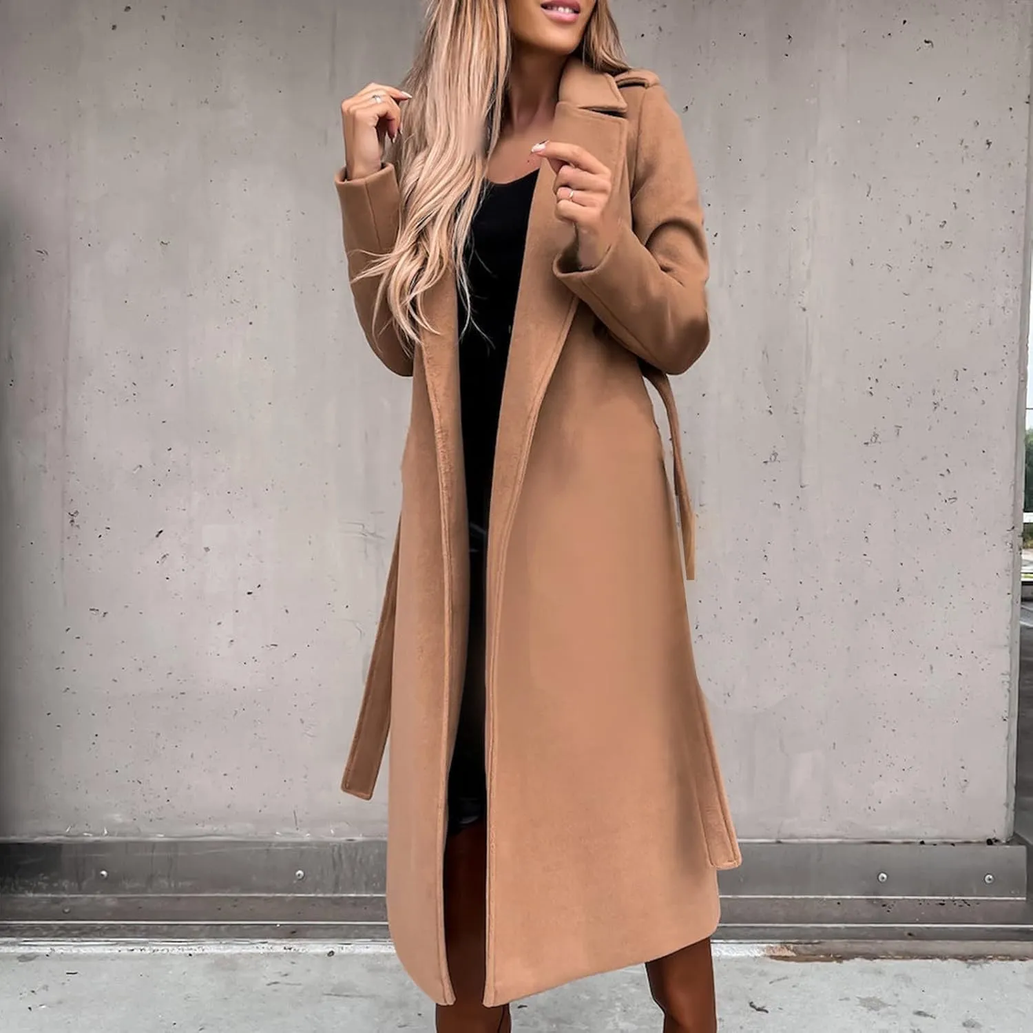 YRAETENM Womens Long Wool Pea Coats Winter Open Front Notched Collar Cardigan Casual Warm Woolen Blend Trench Coats with Belt
