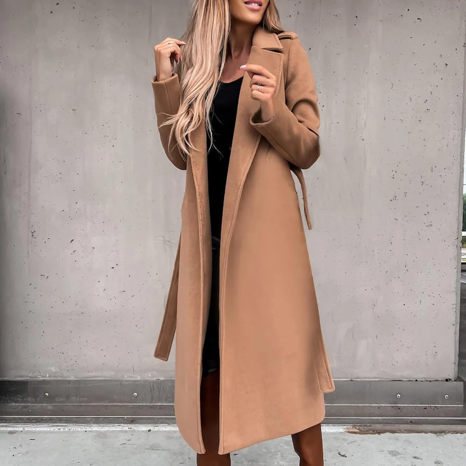 YRAETENM Womens Long Wool Pea Coats Winter Open Front Notched Collar Cardigan Casual Warm Woolen Blend Trench Coats with Belt