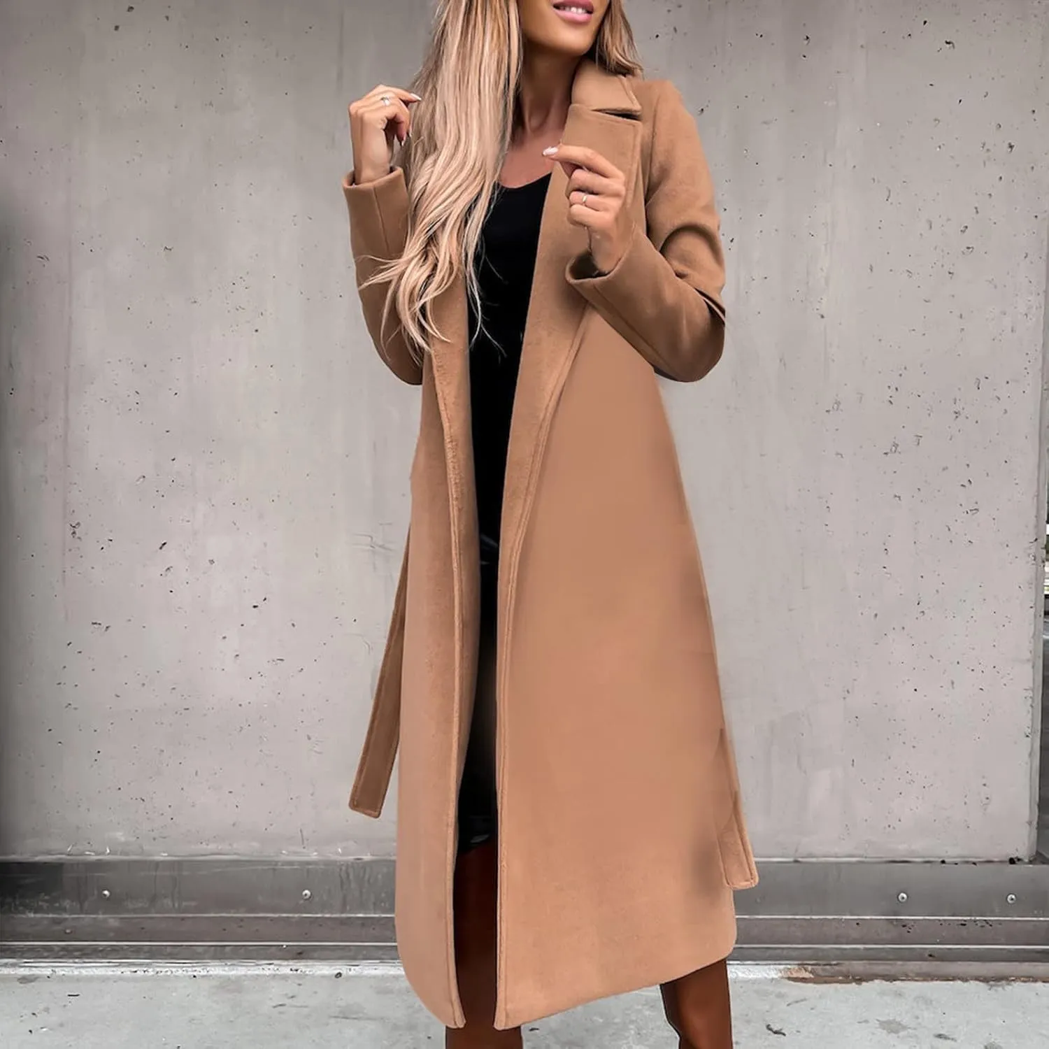 YRAETENM Womens Long Wool Pea Coats Winter Open Front Notched Collar Cardigan Casual Warm Woolen Blend Trench Coats with Belt