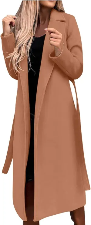 YRAETENM Womens Long Wool Pea Coats Winter Open Front Notched Collar Cardigan Casual Warm Woolen Blend Trench Coats with Belt
