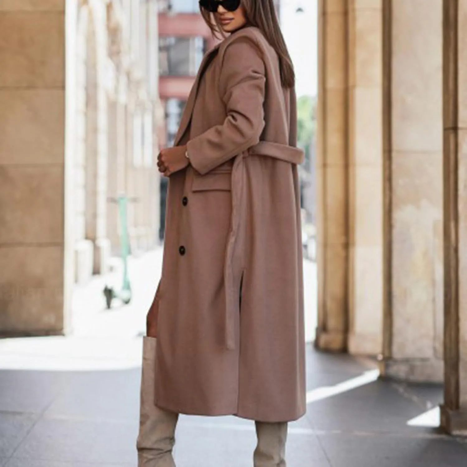 YRAETENM Womens Long Wool Pea Coats Winter Open Front Notched Collar Cardigan Casual Warm Woolen Blend Trench Coats with Belt