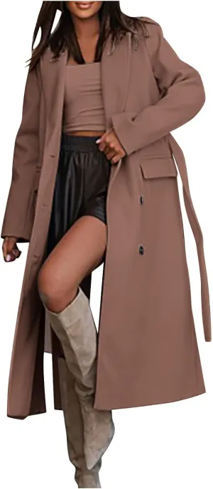 YRAETENM Womens Long Wool Pea Coats Winter Open Front Notched Collar Cardigan Casual Warm Woolen Blend Trench Coats with Belt