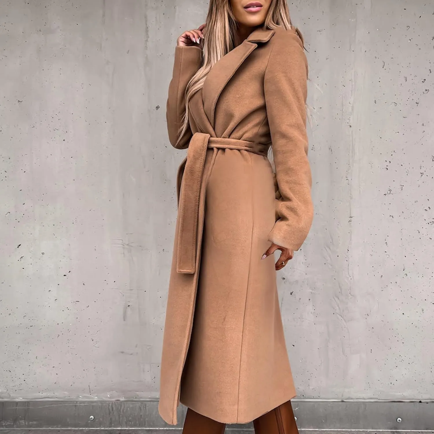 YRAETENM Womens Long Wool Pea Coats Winter Open Front Notched Collar Cardigan Casual Warm Woolen Blend Trench Coats with Belt