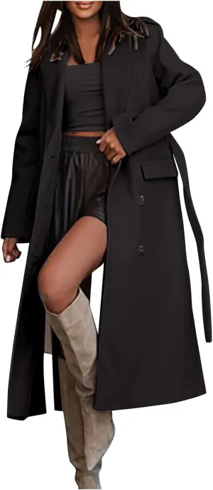 YRAETENM Womens Long Wool Pea Coats Winter Open Front Notched Collar Cardigan Casual Warm Woolen Blend Trench Coats with Belt