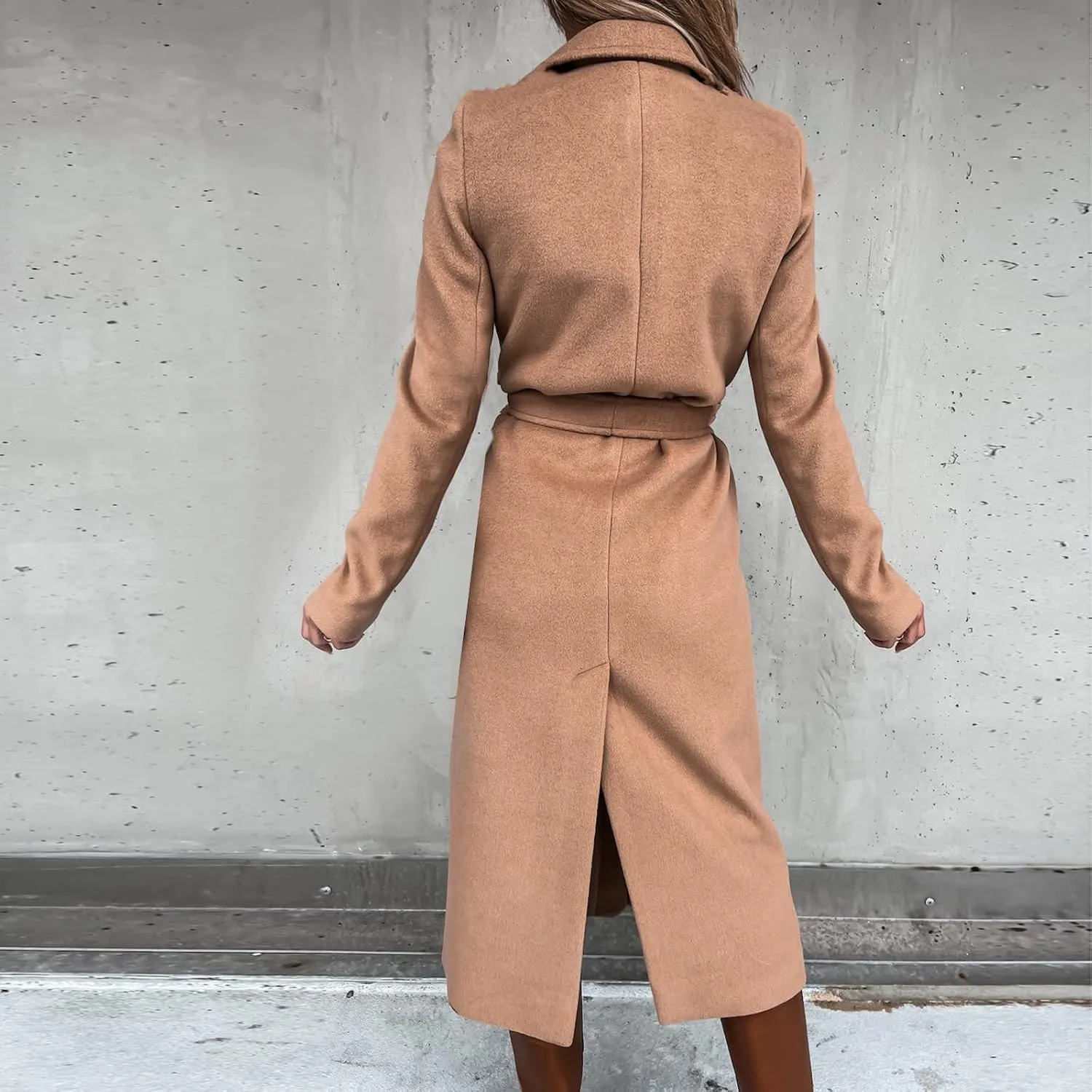 YRAETENM Womens Long Wool Pea Coats Winter Open Front Notched Collar Cardigan Casual Warm Woolen Blend Trench Coats with Belt