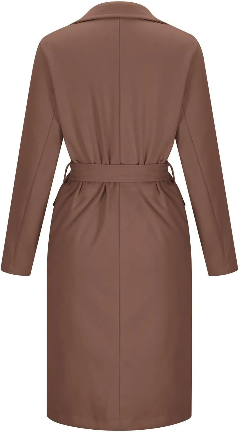 YRAETENM Womens Long Wool Pea Coats Winter Open Front Notched Collar Cardigan Casual Warm Woolen Blend Trench Coats with Belt