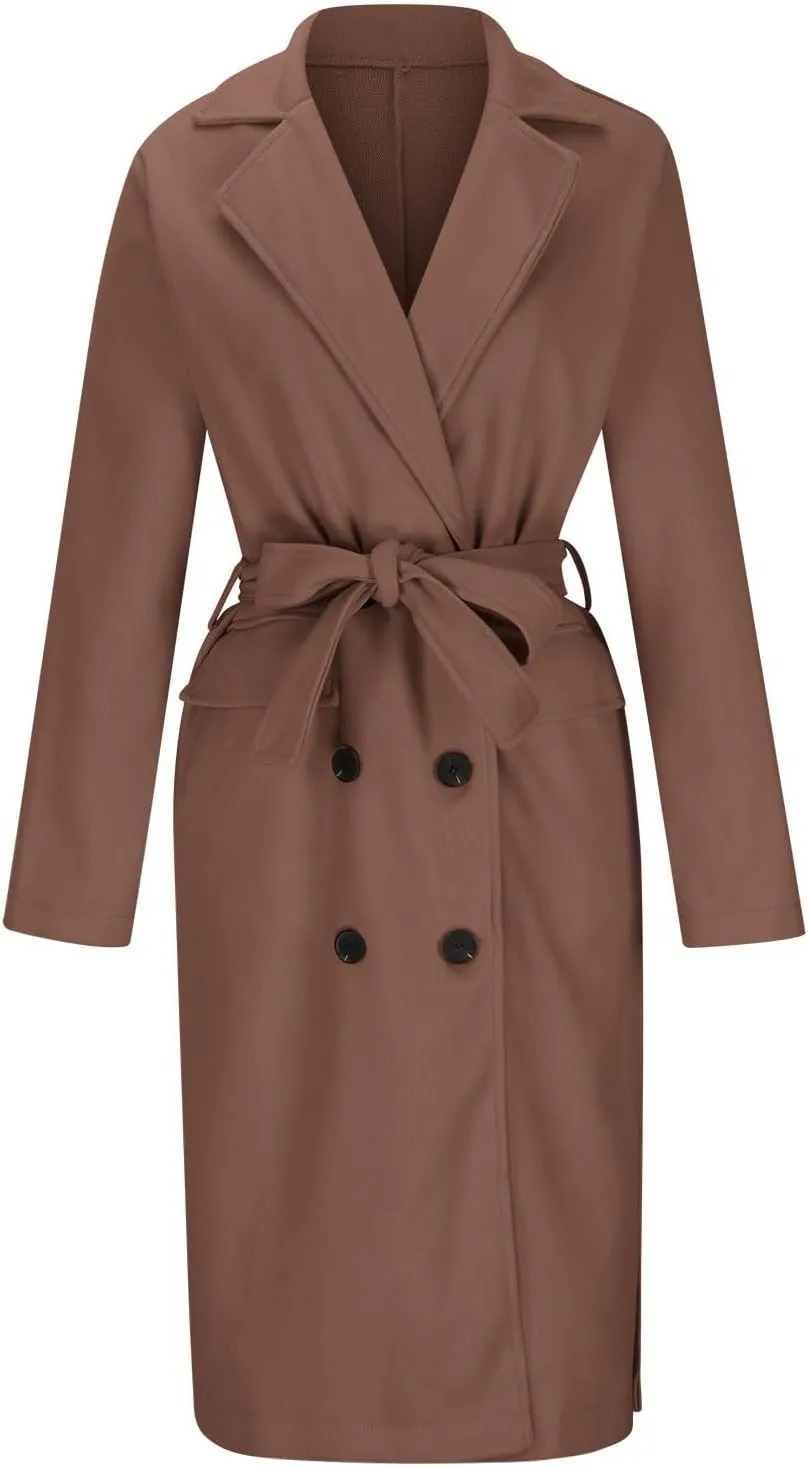 YRAETENM Womens Long Wool Pea Coats Winter Open Front Notched Collar Cardigan Casual Warm Woolen Blend Trench Coats with Belt