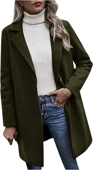 YRAETENM Women's Notched Lapel Wool Pea Coat Casual One Button Long Sleeve Mid-Long Overcoats Warm Trench Coat with Pockets