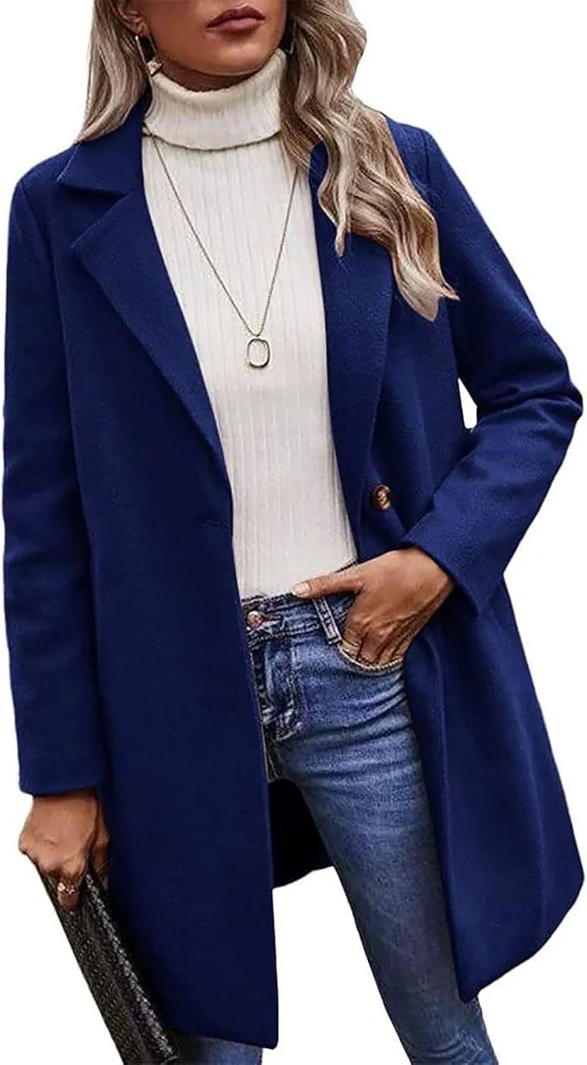 YRAETENM Women's Notched Lapel Wool Pea Coat Casual One Button Long Sleeve Mid-Long Overcoats Warm Trench Coat with Pockets