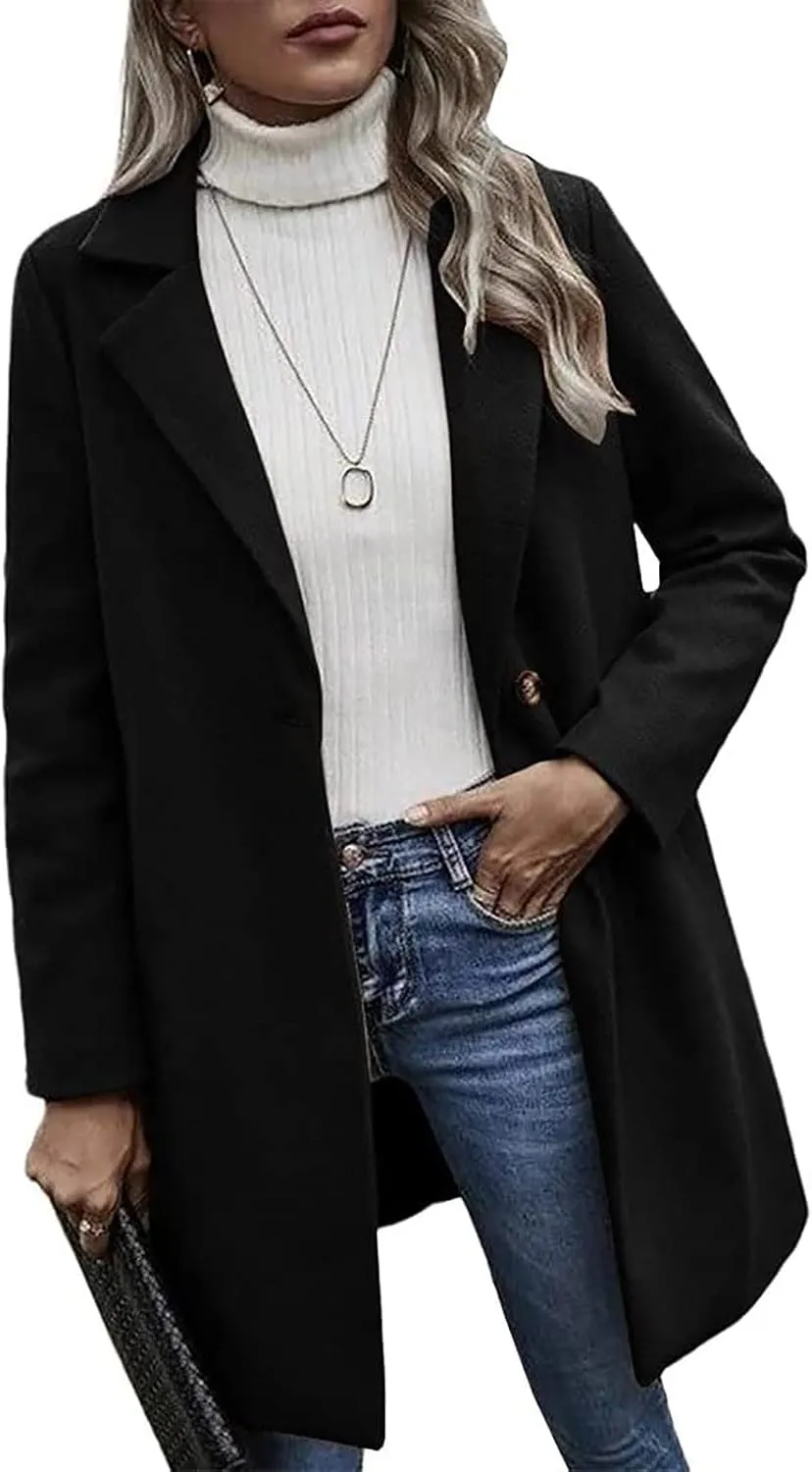 YRAETENM Women's Notched Lapel Wool Pea Coat Casual One Button Long Sleeve Mid-Long Overcoats Warm Trench Coat with Pockets