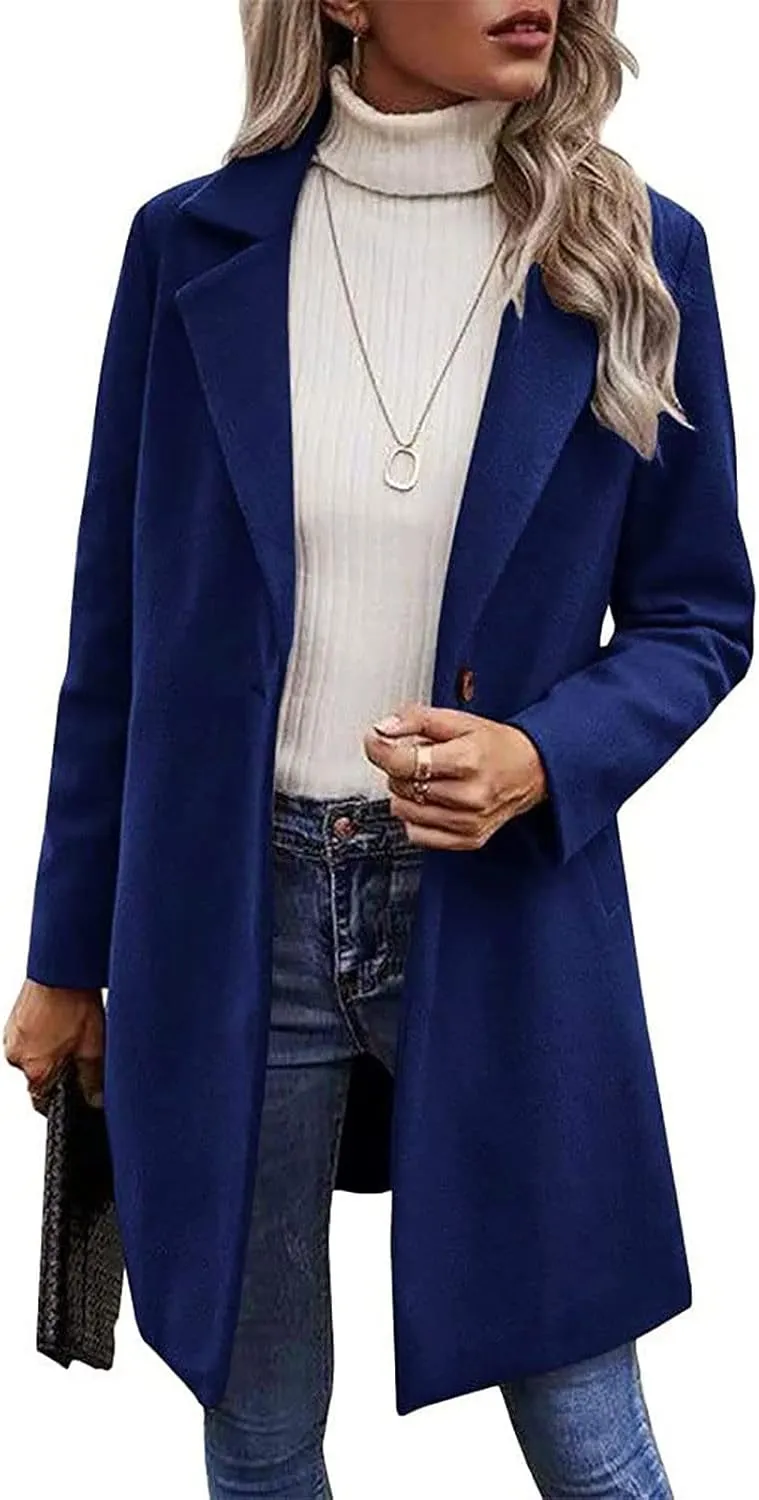 YRAETENM Women's Notched Lapel Wool Pea Coat Casual One Button Long Sleeve Mid-Long Overcoats Warm Trench Coat with Pockets