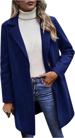 YRAETENM Women's Notched Lapel Wool Pea Coat Casual One Button Long Sleeve Mid-Long Overcoats Warm Trench Coat with Pockets