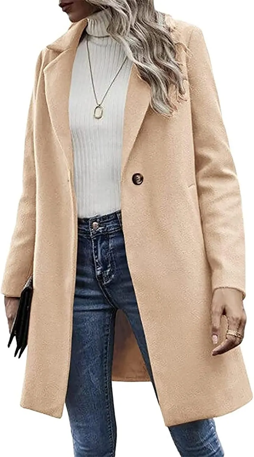 YRAETENM Women's Notched Lapel Wool Pea Coat Casual One Button Long Sleeve Mid-Long Overcoats Warm Trench Coat with Pockets