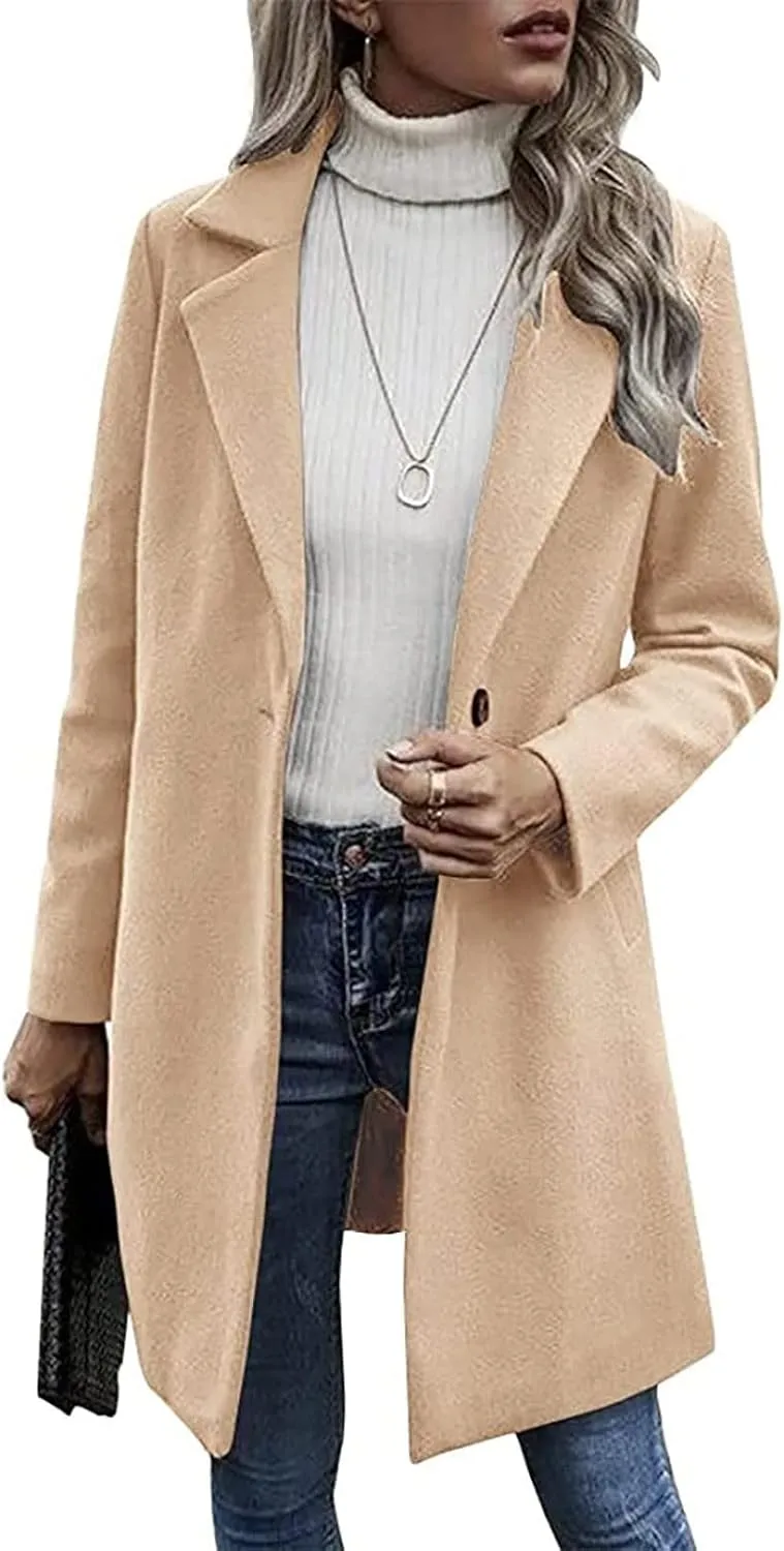 YRAETENM Women's Notched Lapel Wool Pea Coat Casual One Button Long Sleeve Mid-Long Overcoats Warm Trench Coat with Pockets