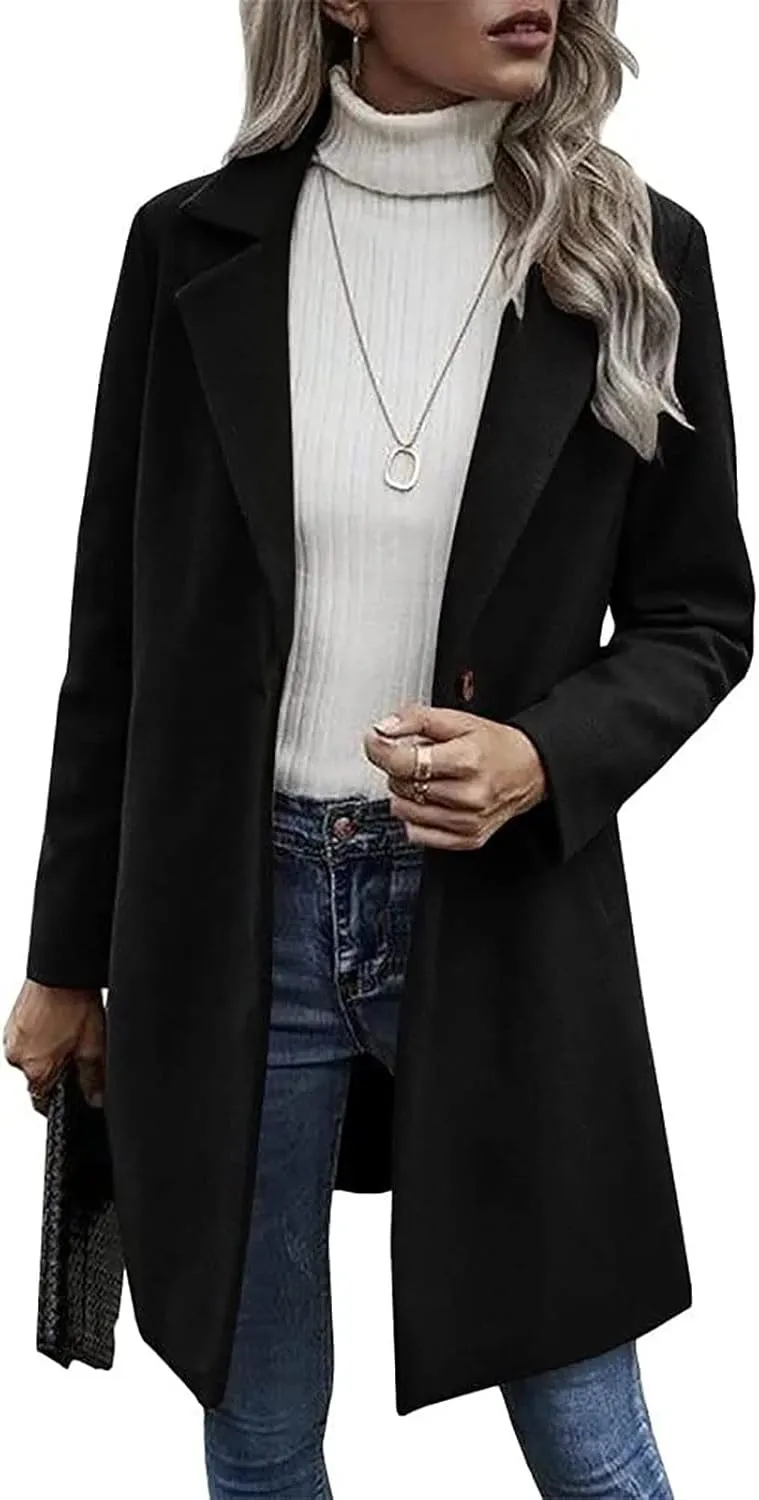 YRAETENM Women's Notched Lapel Wool Pea Coat Casual One Button Long Sleeve Mid-Long Overcoats Warm Trench Coat with Pockets