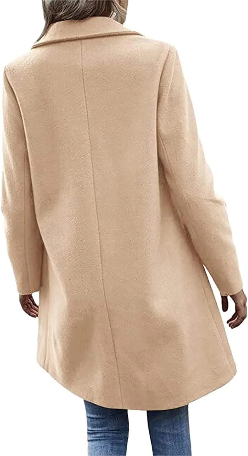 YRAETENM Women's Notched Lapel Wool Pea Coat Casual One Button Long Sleeve Mid-Long Overcoats Warm Trench Coat with Pockets