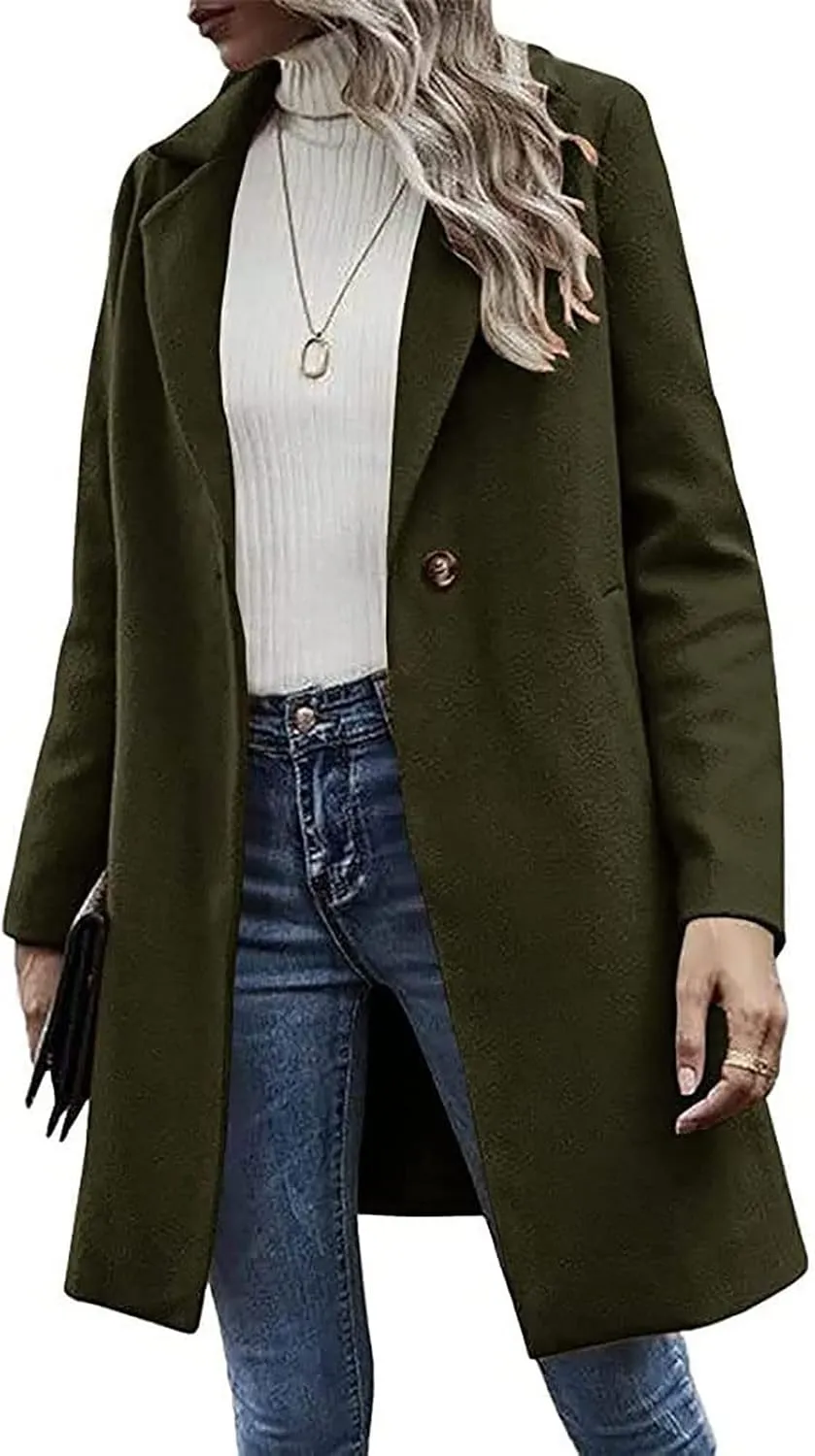 YRAETENM Women's Notched Lapel Wool Pea Coat Casual One Button Long Sleeve Mid-Long Overcoats Warm Trench Coat with Pockets