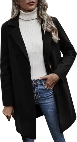 YRAETENM Women's Notched Lapel Wool Pea Coat Casual One Button Long Sleeve Mid-Long Overcoats Warm Trench Coat with Pockets